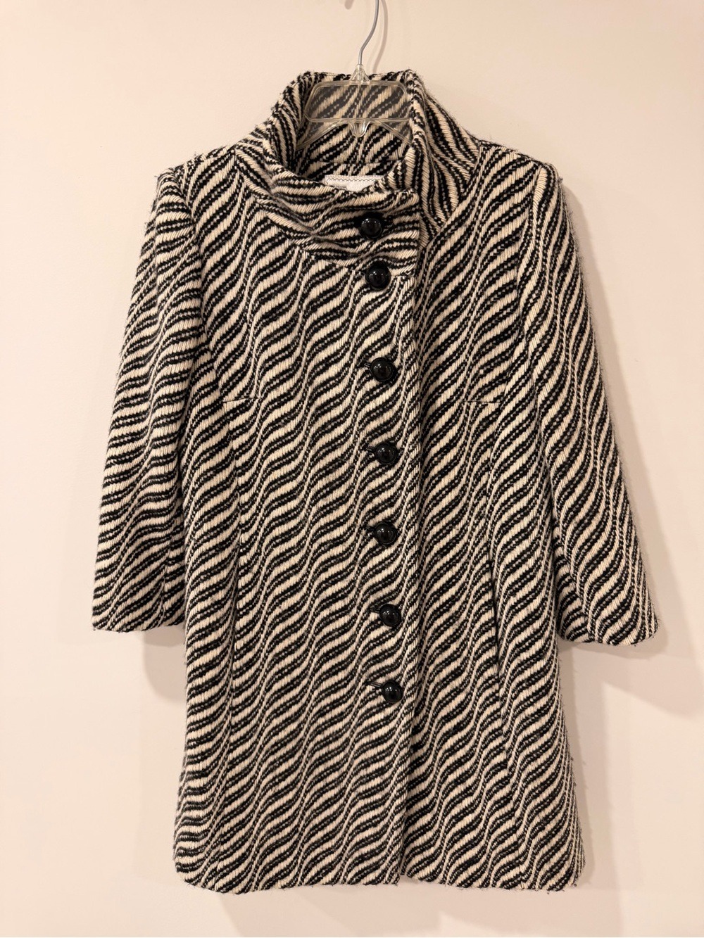 Milly of New York Textured Wool Black Ivory Zig Zag Pattern Coat Size 4 - Picture 9 of 15